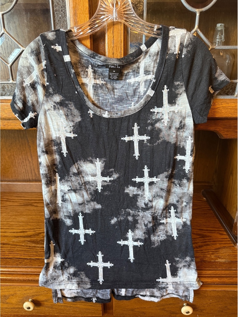 Rue21 Cross Print Tee Size M Black Gray Distressed Gothic Y2K